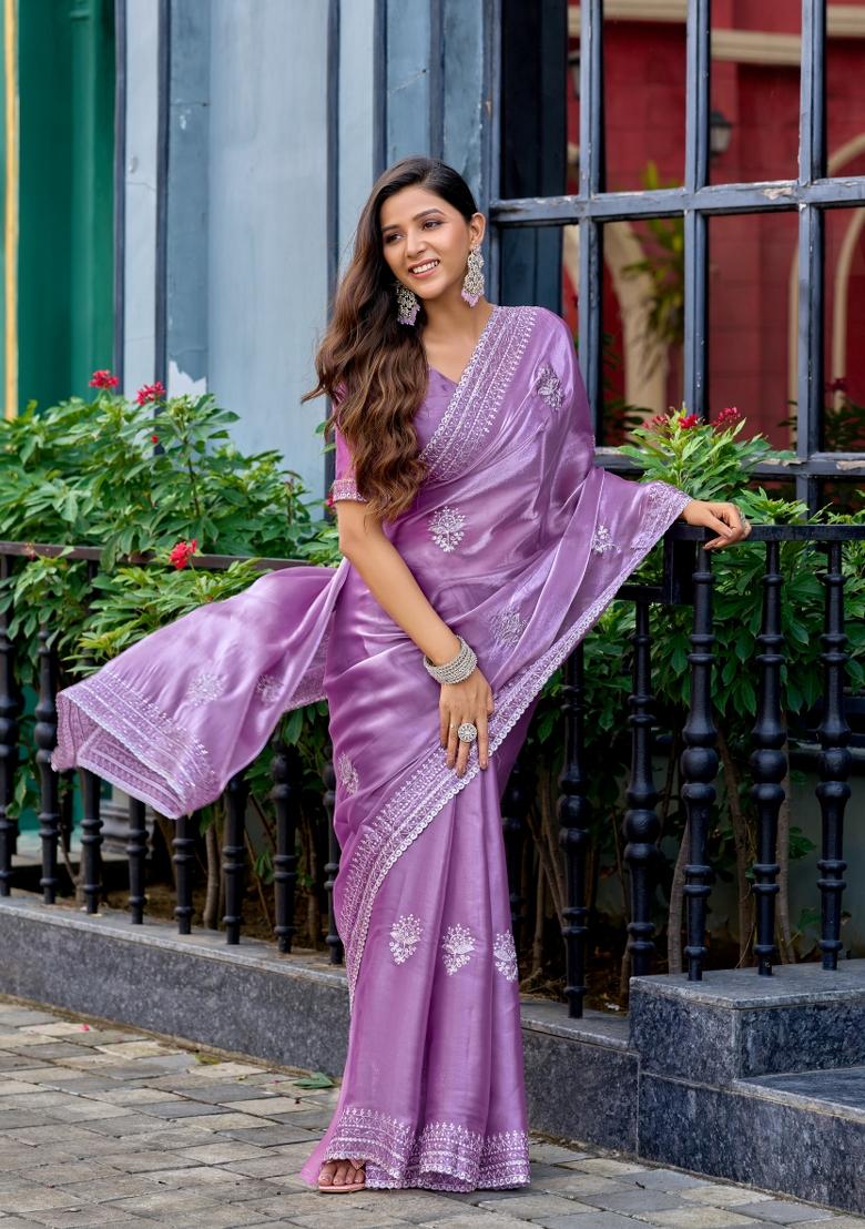 Lavender Embroidered Chiffon Saree Set - Indya