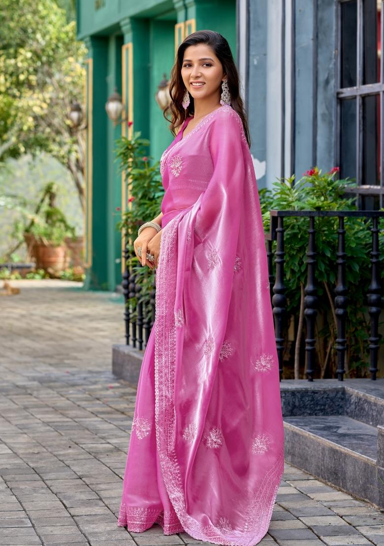 Baby Pink Embroidered Chiffon Saree Set - Indya