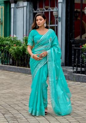 Sea Green Embroidered Chiffon Saree Set