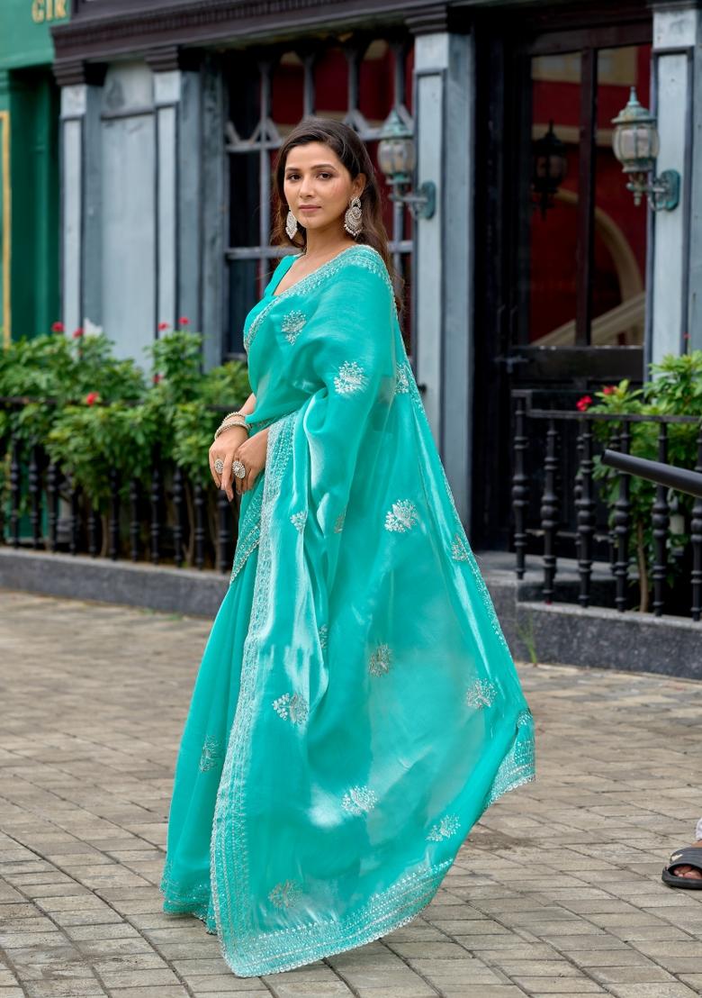 Sea Green Embroidered Chiffon Saree Set - Indya