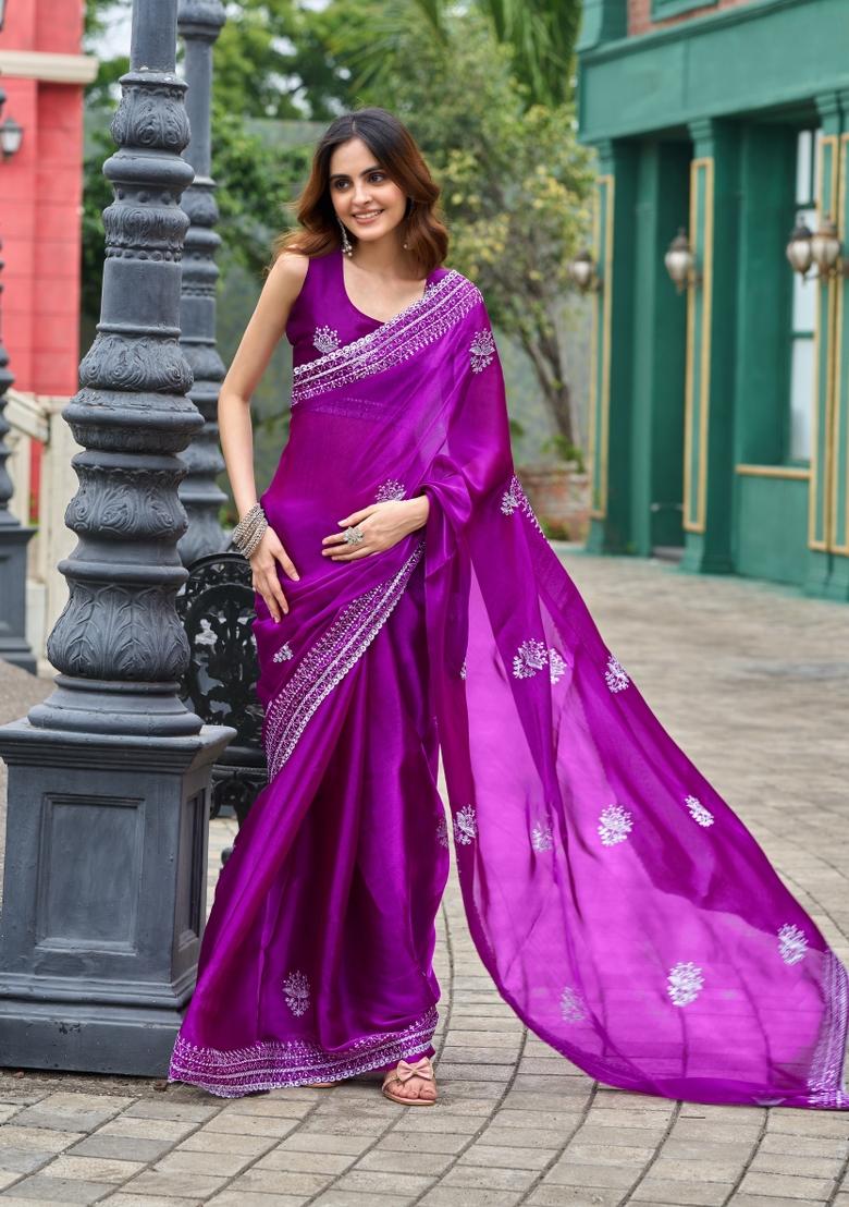 Purple Embroidered Chiffon Saree Set - Indya