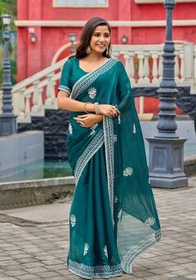 Dark Sea Green Embroidered Chiffon Saree Set