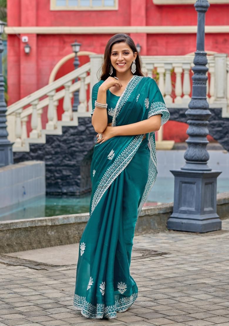 Dark Sea Green Embroidered Chiffon Saree Set - Indya