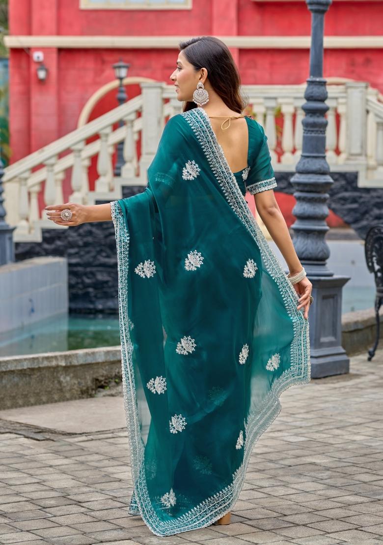 Dark Sea Green Embroidered Chiffon Saree Set - Indya