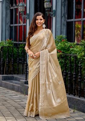 Golden Embroidered Chiffon Saree Set