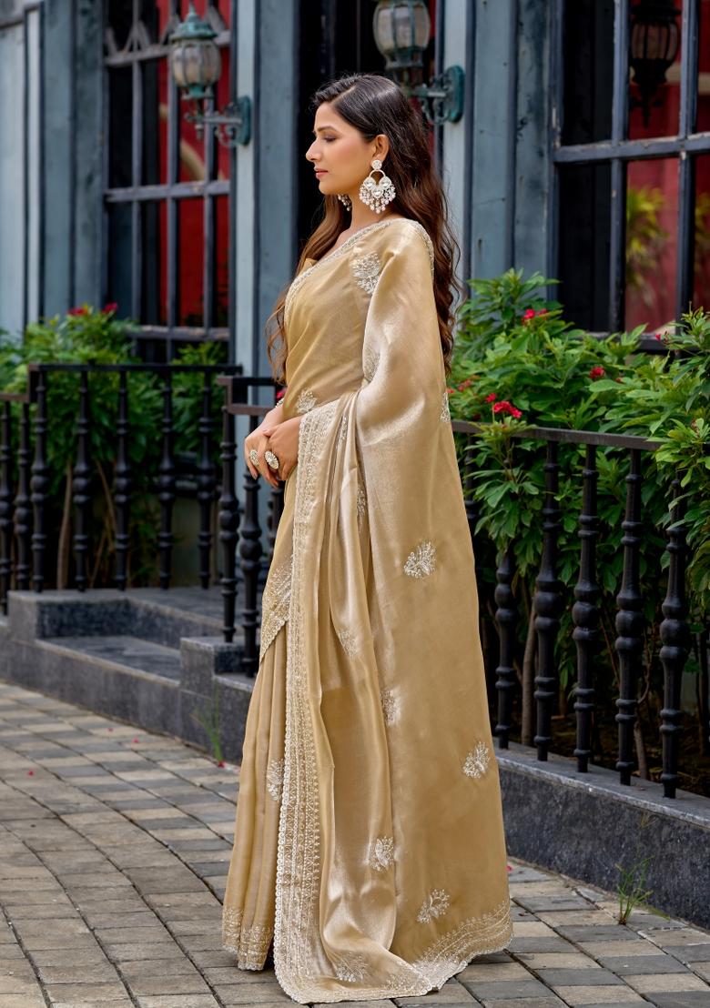 Golden Embroidered Chiffon Saree Set - Indya