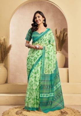 Light Green Printed Linen Saree Set