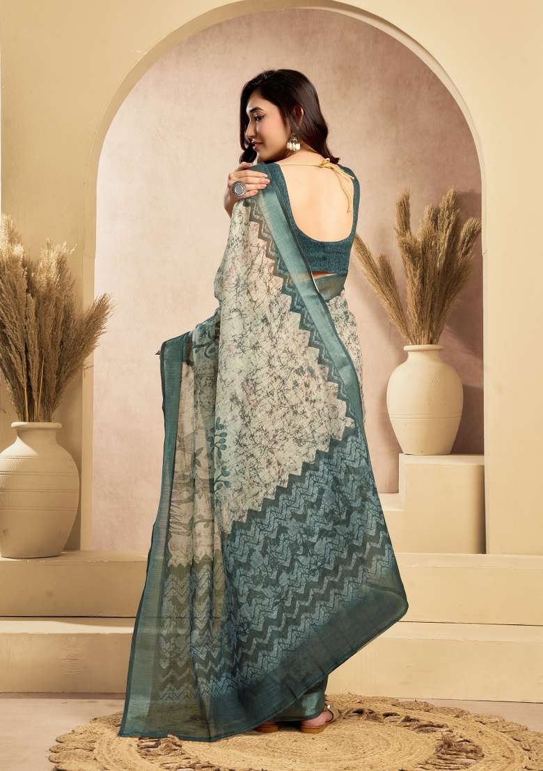 Off White Linen Saree Set with Printed for Diwali | Wedding & Festive Wear - Indya