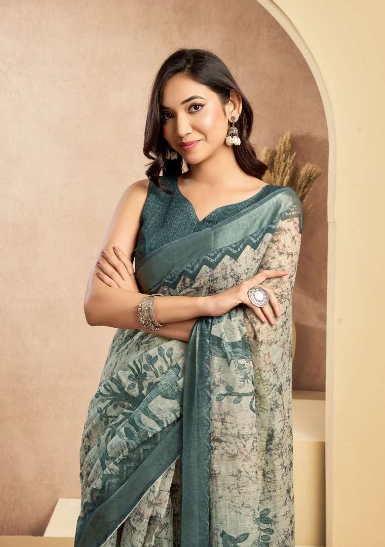Off White Linen Saree Set with Printed for Diwali | Wedding & Festive Wear - Indya