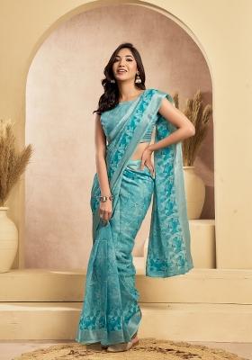 Sky Blue Printed Linen Saree Set