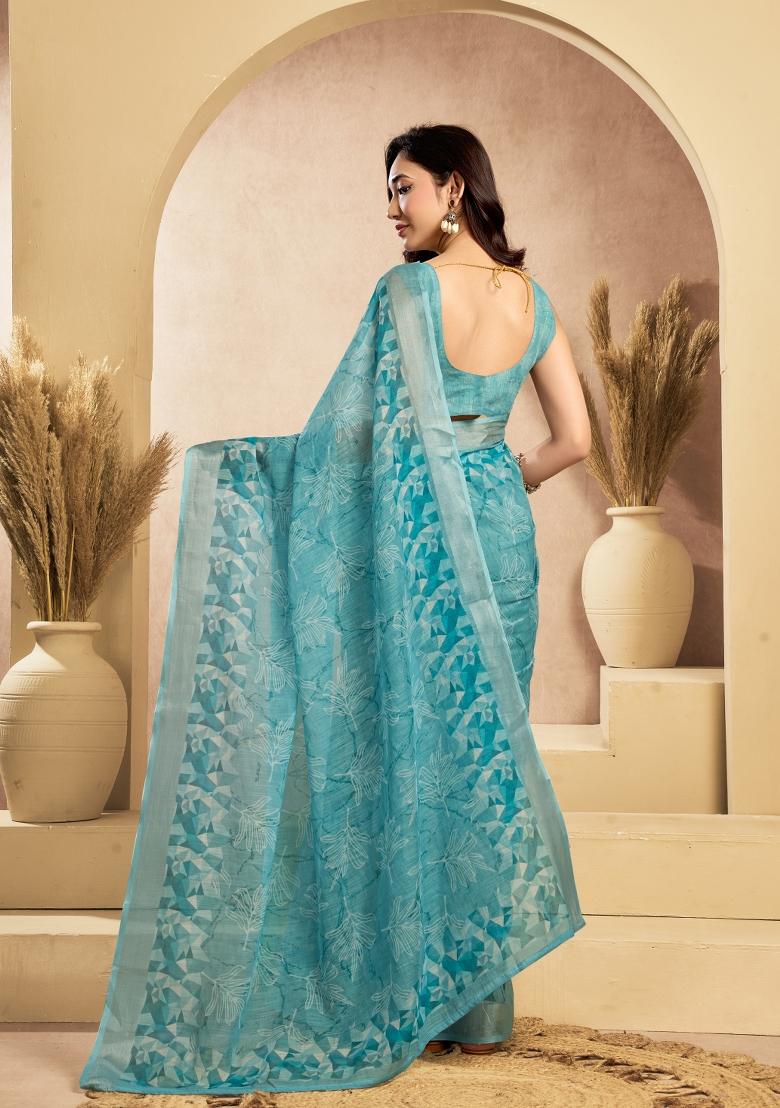 Sky Blue Printed Linen Saree Set - Indya
