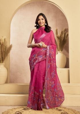 Rani Pink Printed Linen Saree Set