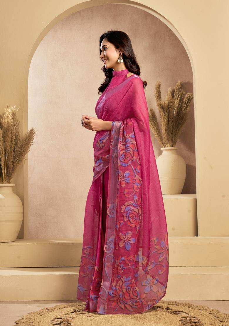 Rani Pink Printed Linen Saree Set - Indya