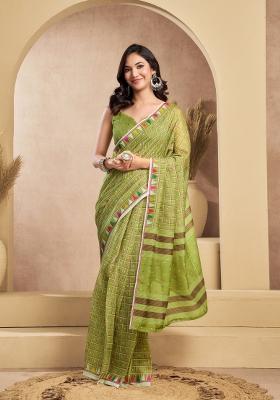 Parrot Green Printed Linen Saree Set