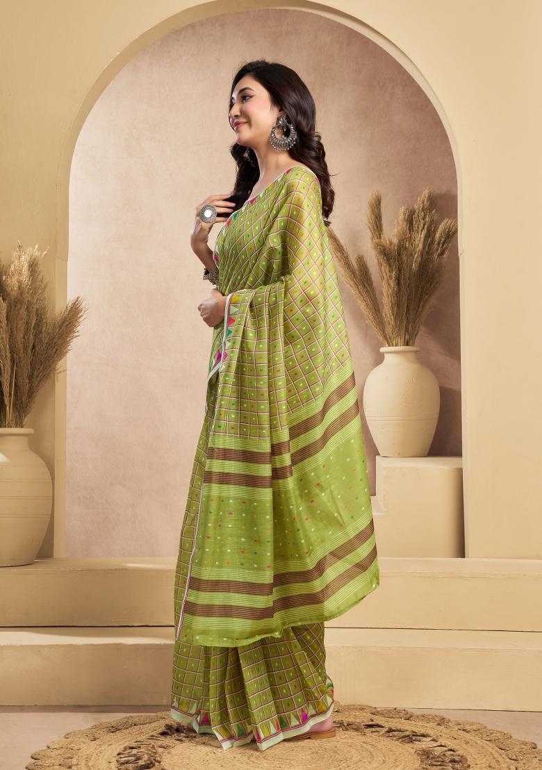 Parrot Green Printed Linen Saree Set - Indya