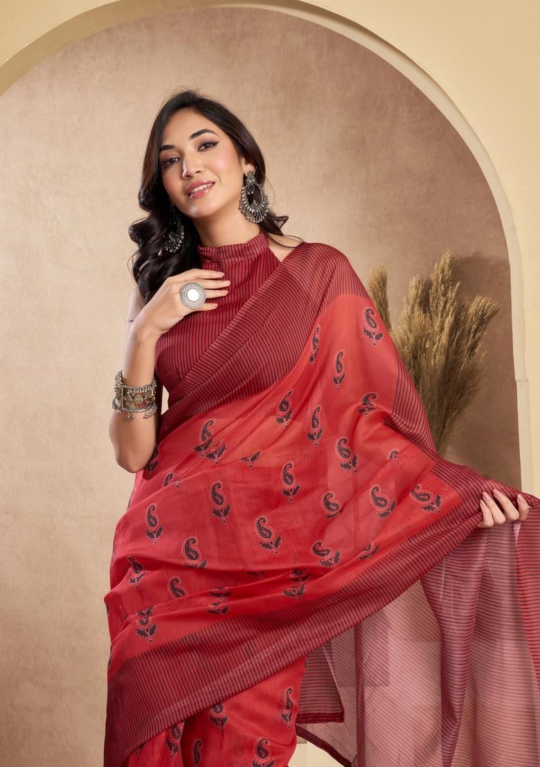 Red Printed Linen Saree Set - Indya