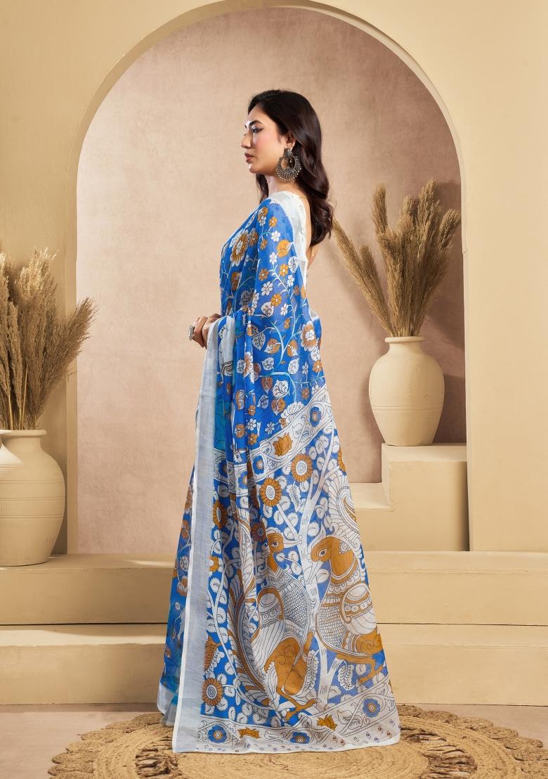 Blue Printed Linen Saree Set - Indya