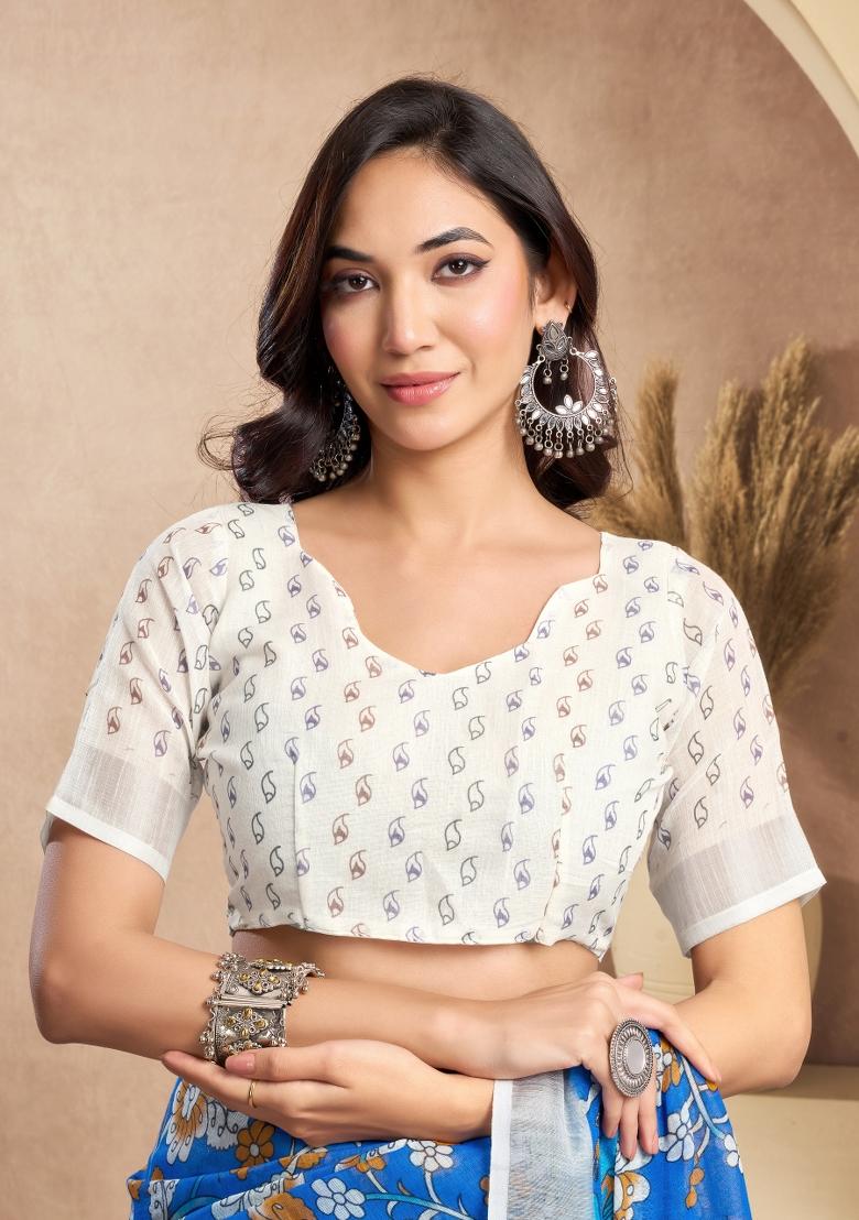 Blue Printed Linen Saree Set - Indya