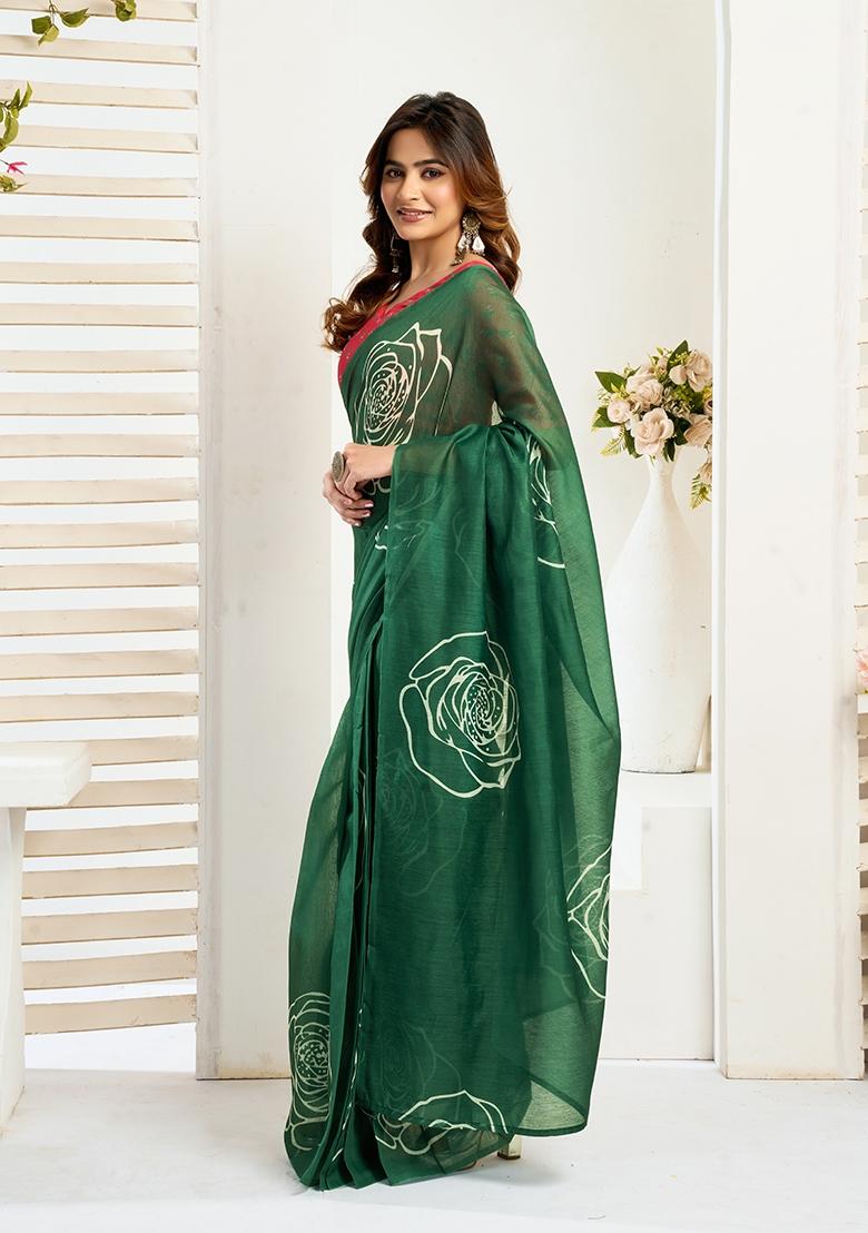 Green Printed Linen Saree Set - Indya