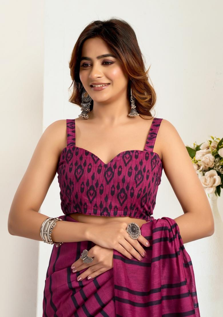 Purple Printed Linen Saree Set - Indya