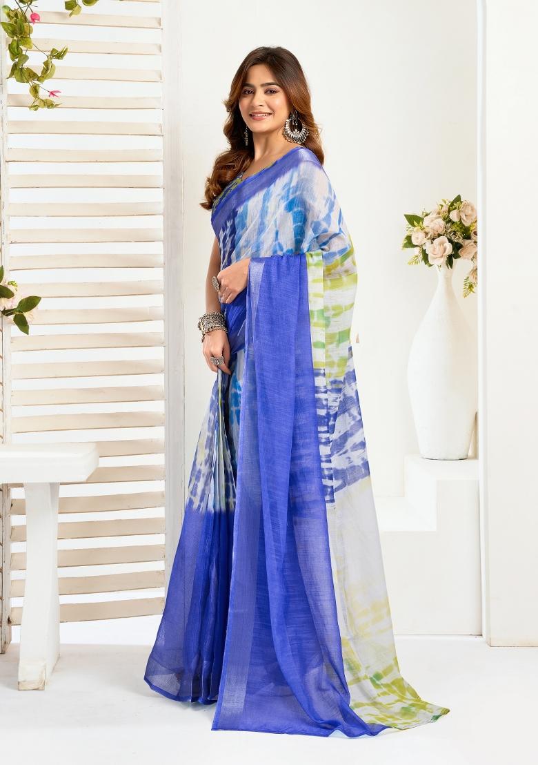 Royal Blue Printed Linen Saree Set - Indya