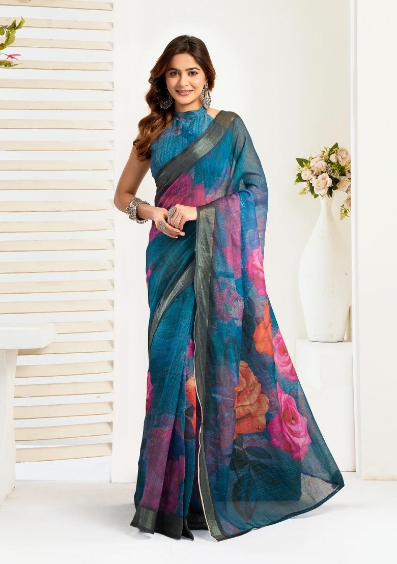Blue Printed Linen Saree Set - Indya
