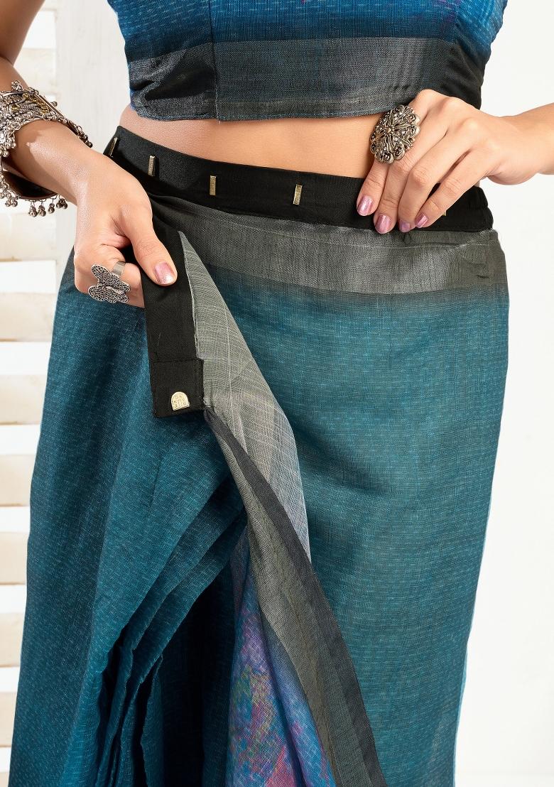 Blue Printed Linen Saree Set - Indya