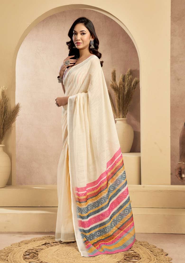 Off White Linen Saree Set with Printed for Diwali | Wedding & Festive Wear - Indya