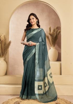 Dark Green Printed Linen Saree Set