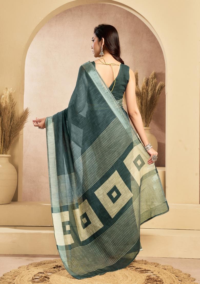 Dark Green Printed Linen Saree Set - Indya