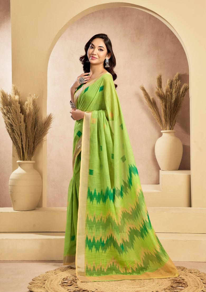 Parrot Green Printed Linen Saree Set - Indya