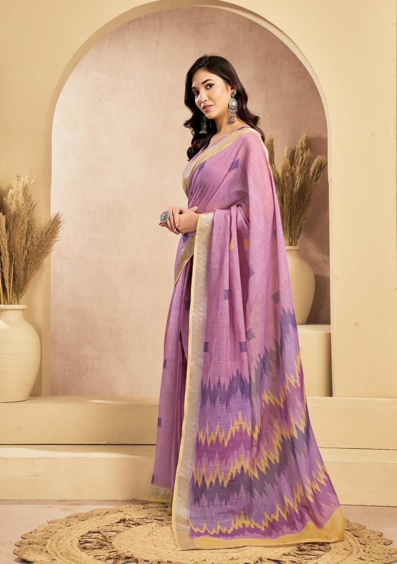 Lavender Printed Linen Saree Set - Indya