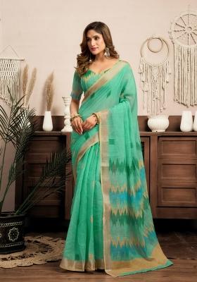 Sea Green Printed Linen Saree Set