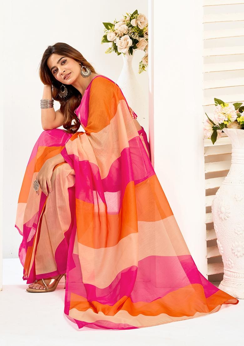 Multicolor Printed Linen Saree Set - Indya