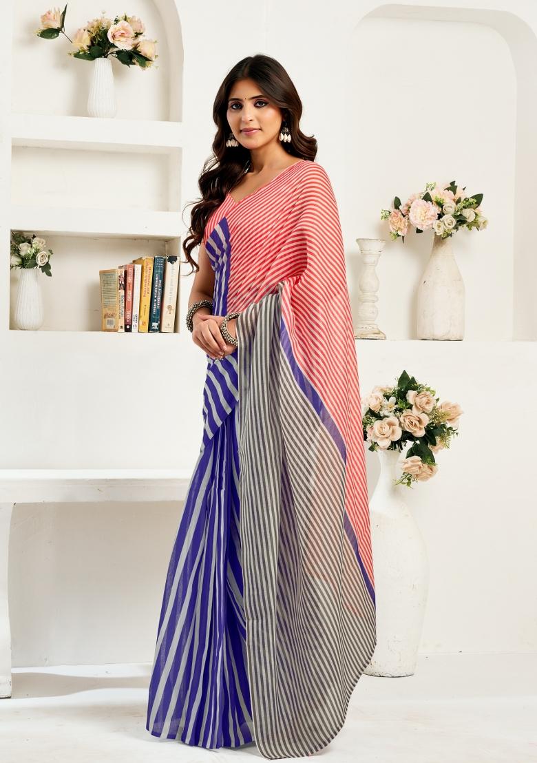 Blue Printed Linen Saree Set - Indya