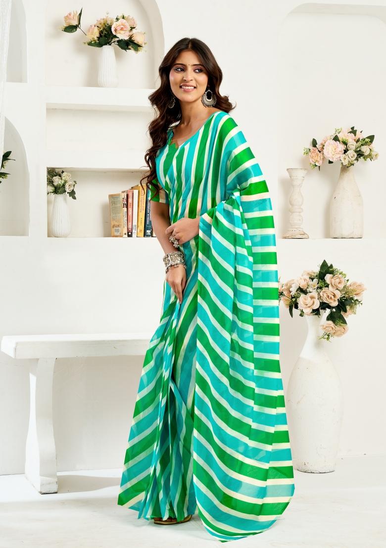Multicolor Printed Linen Saree Set - Indya