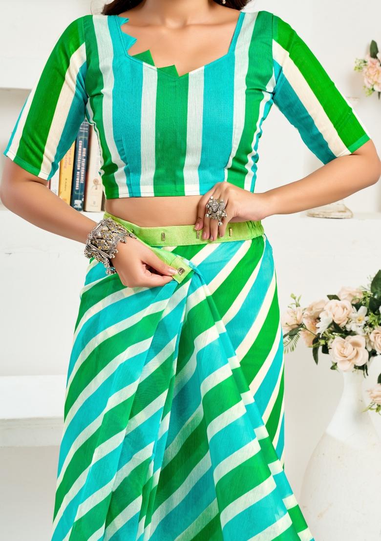 Multicolor Printed Linen Saree Set - Indya