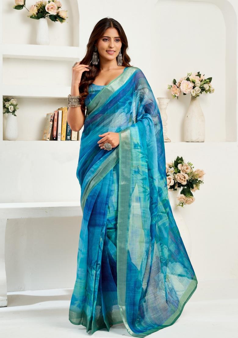 Light Blue Printed Linen Saree Set - Indya