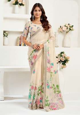 Off White Linen Saree Set with Printed for Diwali | Wedding & Festive Wear