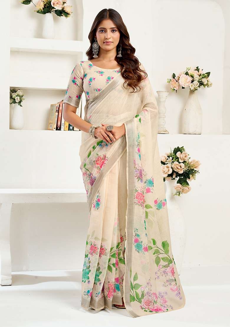 Off White Linen Saree Set with Printed for Diwali | Wedding & Festive Wear - Indya
