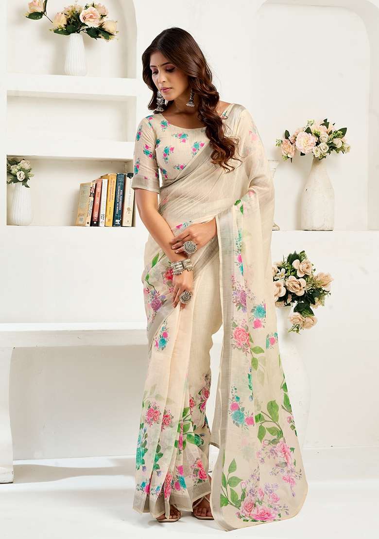 Off White Linen Saree Set with Printed for Diwali | Wedding & Festive Wear - Indya