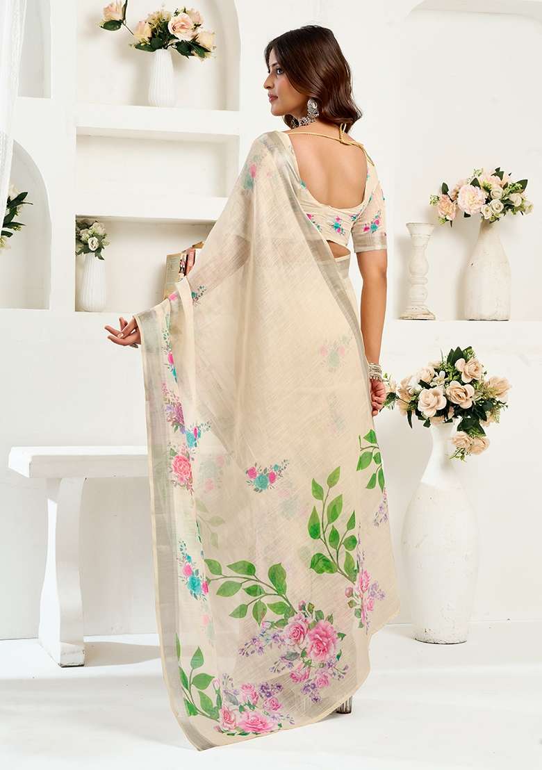 Off White Linen Saree Set with Printed for Diwali | Wedding & Festive Wear - Indya