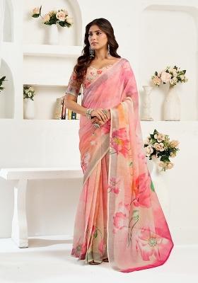 Pink Printed Linen Saree Set