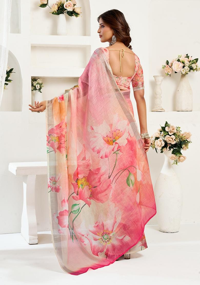 Pink Printed Linen Saree Set - Indya