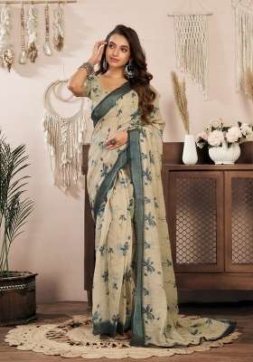 Off White Printed Linen Saree Set for Diwali and Festive Wear