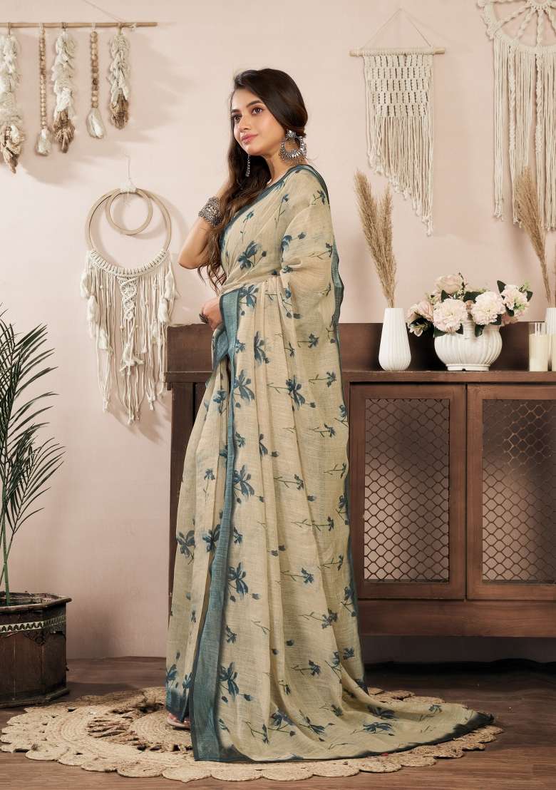 Off White Printed Linen Saree Set for Diwali and Festive Wear - Indya