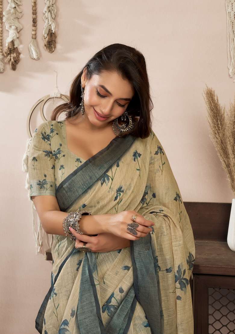 Off White Printed Linen Saree Set for Diwali and Festive Wear - Indya