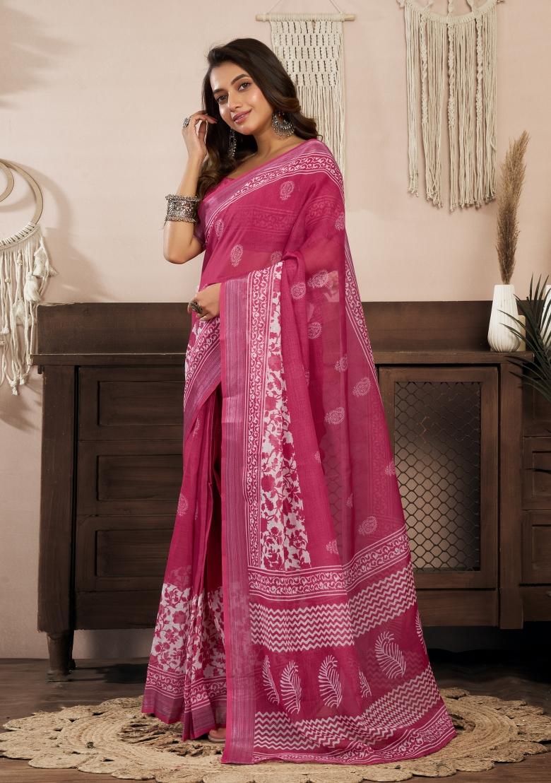 Rani Pink Printed Linen Saree Set - Indya