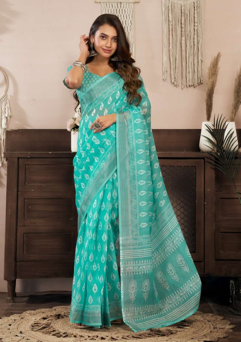 Aqua Blue Printed Linen Saree Set for Diwali and Festive Wear - Indya