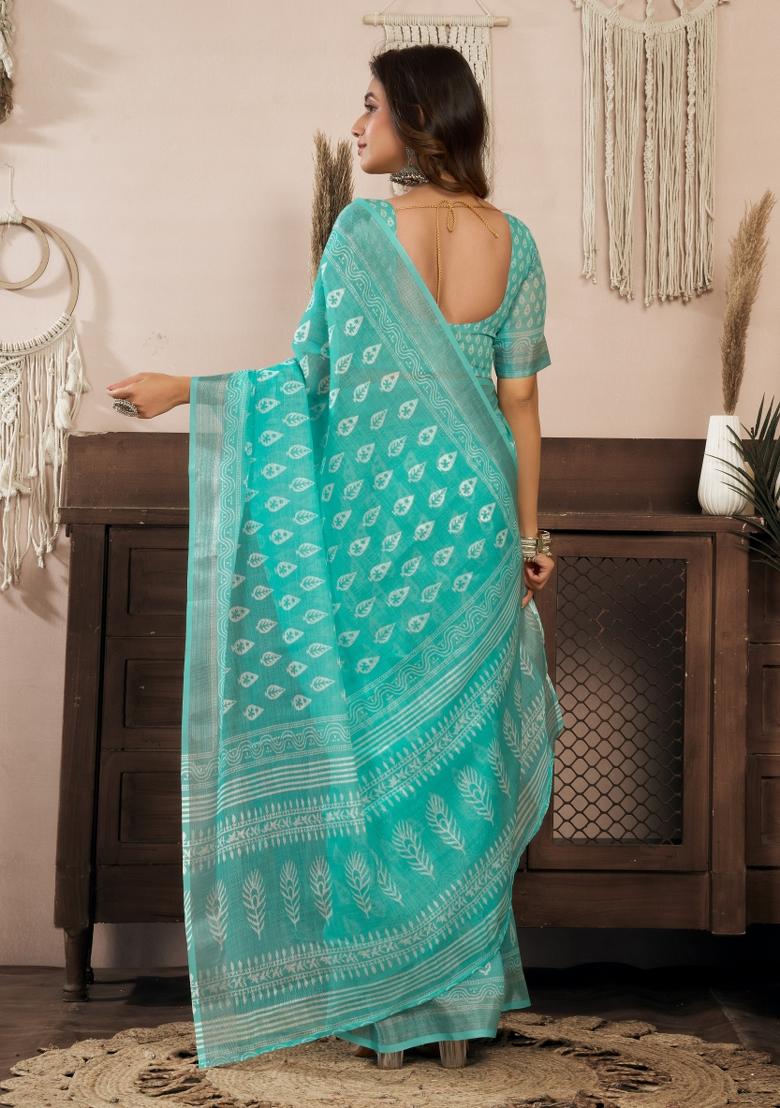 Aqua Blue Printed Linen Saree Set - Indya
